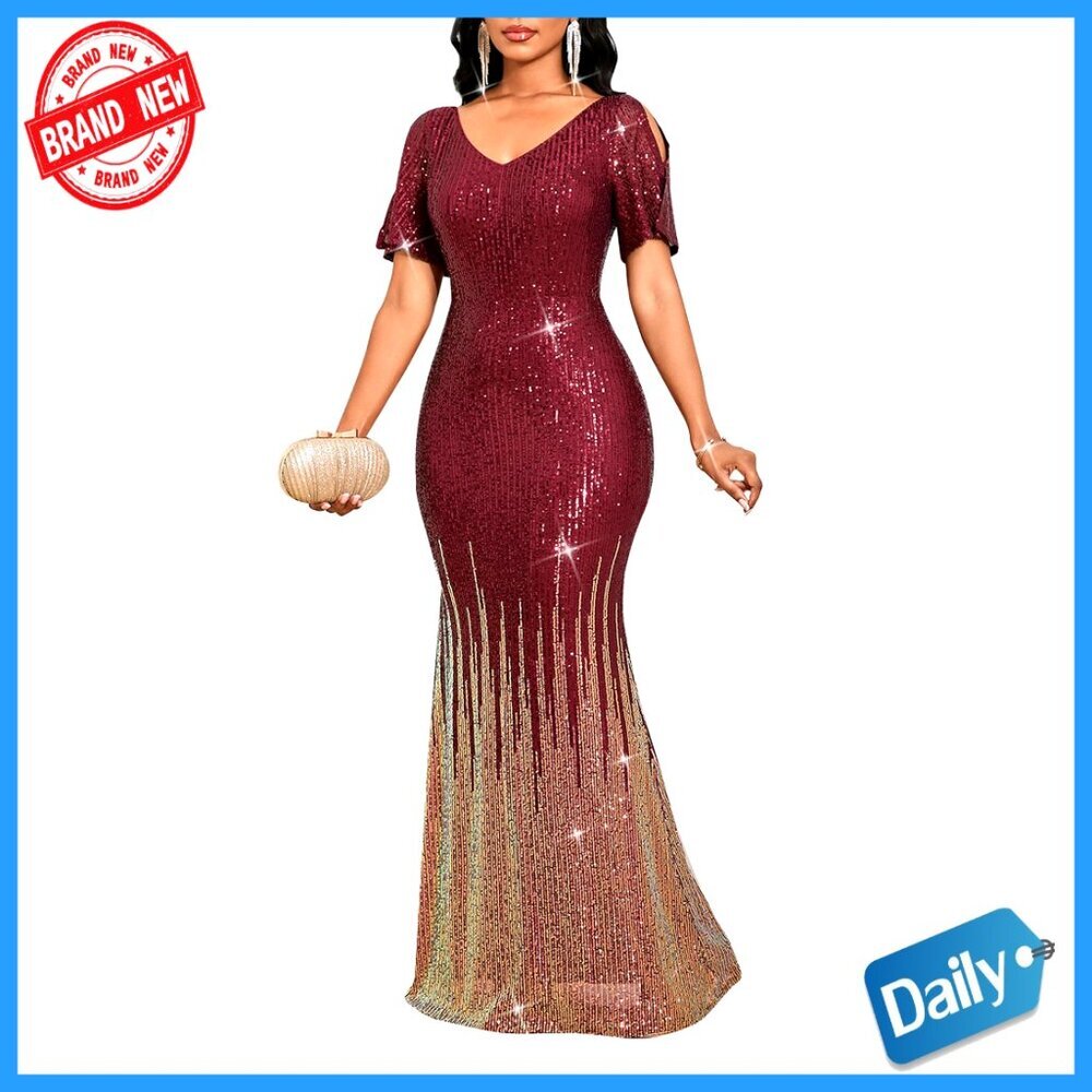 Sequin Maxi Dress Elegant Bodycon Formal Evening Gown Cocktail Party Wear